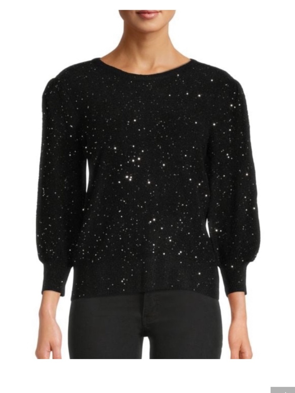 Karl Lagerfeld Black Sequin Crewneck Puff Sleeve Sweater Size Small